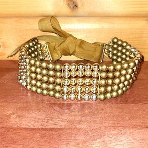 Vintage Gold & Brass Color Beaded Choker Statement Necklace grosgrain ribbon tie